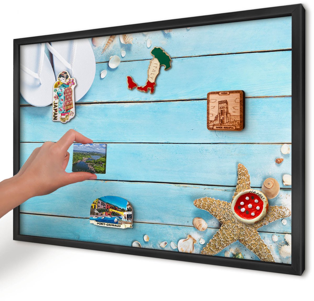 Artprintcave Blauw Magneetbord mit Zwart Frame - 60x40 cm - Vakantierust Magneetbord Voor Keuken - Fotografisch Notitiebord - Landschappen