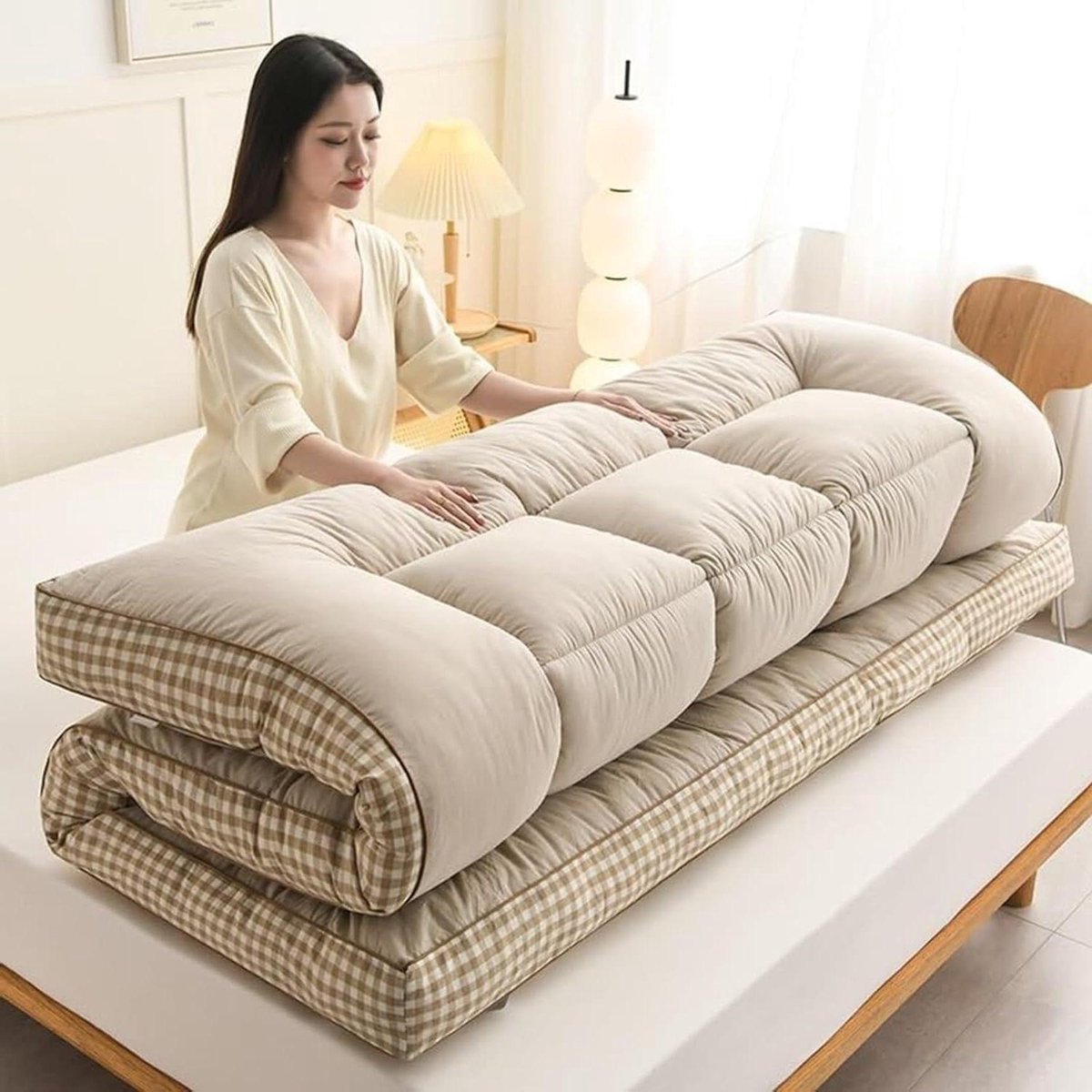 Japanse Futonmatras - Vloermatras Oprolbaar - Comfortabel Slapen - Hoge Dichtheid Quilten - 90x200 cm - Kaki