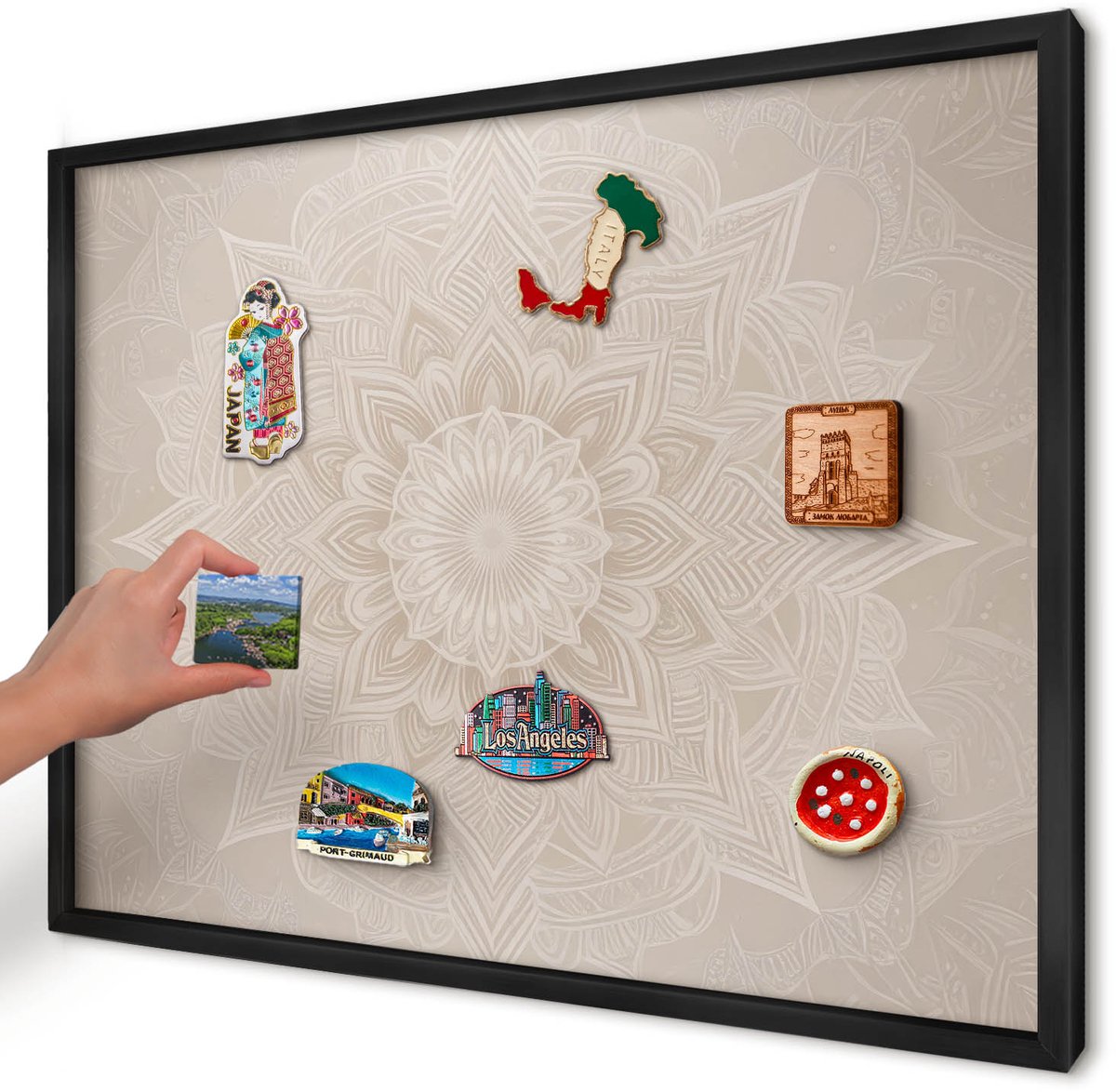 Artprintcave Beige Magneetbord mit Zwart Frame - 70x50 cm - Mandala-Patroon Magneetbord Voor Foto's - Minimalist Memobord Keuken - Abstractie