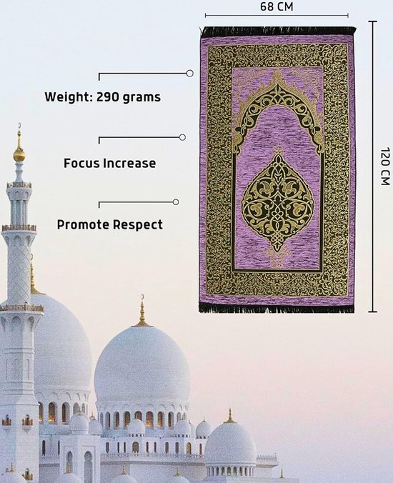 Gebedstapijt Set - Gebedsmat Islamitisch - Religieuze Beoefening - Inclusief Gebedsketting - 120 x 68 cm - Paars — afbeelding 3