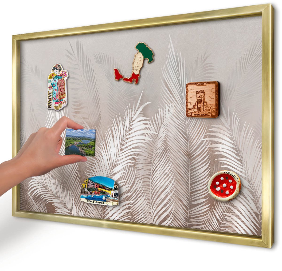 Artprintcave Beige Magneetbord mit Gouden Frame - 60x40 cm - Bladeren Van De Natuur Memobord Keuken - Minimalist Magnetisch Bord Voor Magneten - Bloemen En Planten
