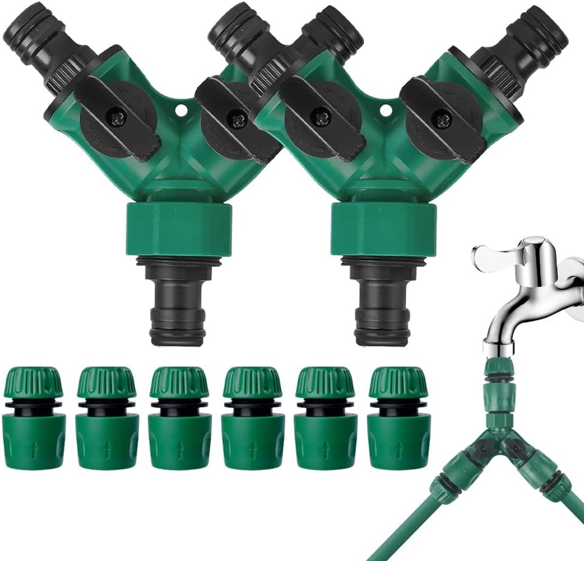 SnelShoppen - 2-delige 2-weg waterverdeler met ventiel, 3/4 inch tuinslang, 6 stuks 1/2 inch snelle tuinslang, handige slangverbinding voor tuin, irri