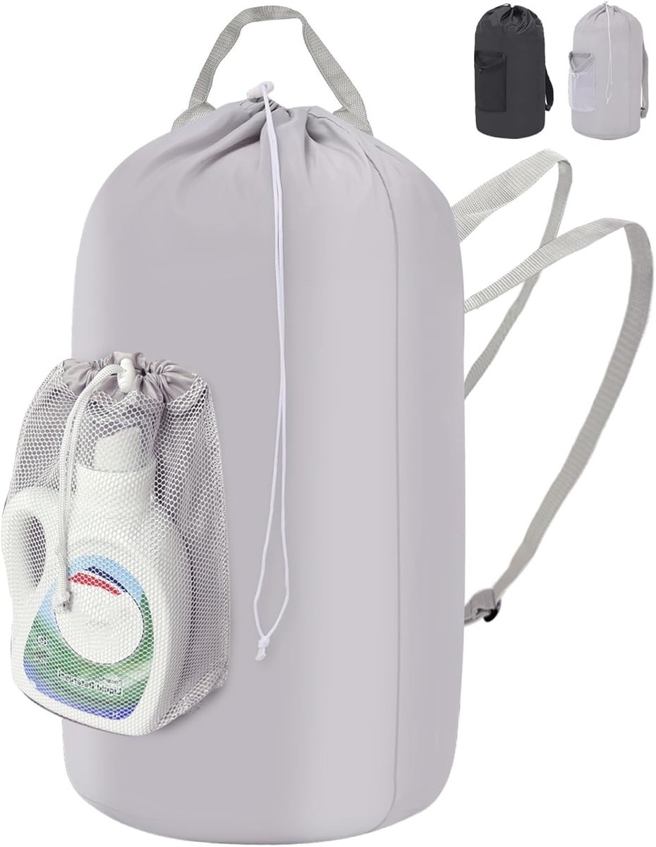 Vouwbare Wasmand van 95L met Handvat, Hangende Wasmand met Pocket en Schouderband, Multifunctionele Waszak voor Reizen of Studentenhuis, Lichtgrijs en Ruimtebesparend