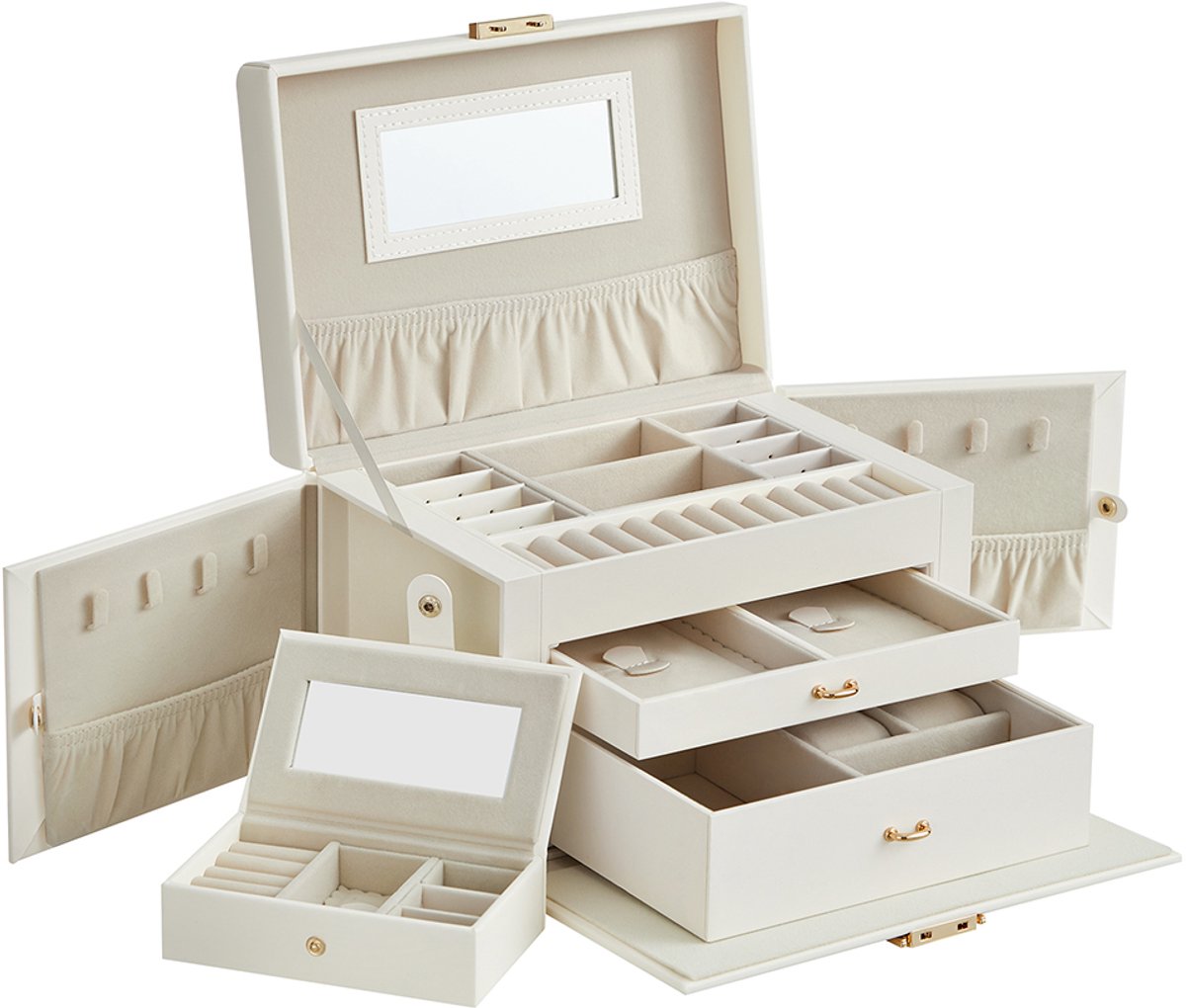 Sieradendoos met 3 lagen - PU-bekleding in klassiek wit - 18,2 x 26 x 17,4 cm - Klassieke witte PU