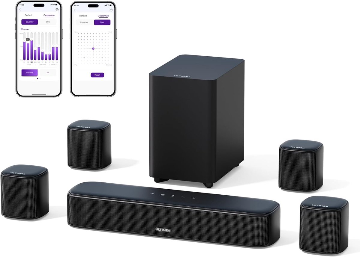SnelShoppen - 7.1 Kanaals Geluidsbalk voor TV, Surround Sound Systeem voor Thuisbioscoop met App Besturing, 4 Surround Speakers, 4 Inch Subwoofer, Gel