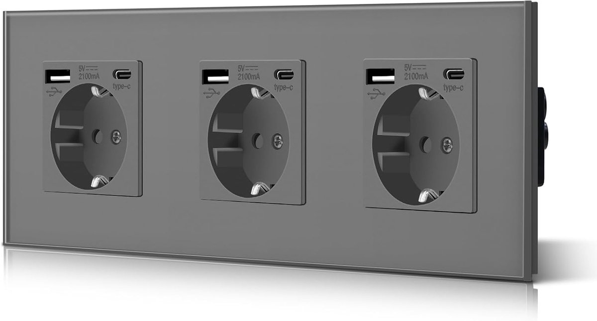 Triple Schuko wandstopcontact met Usb type C glas, 3-in-1