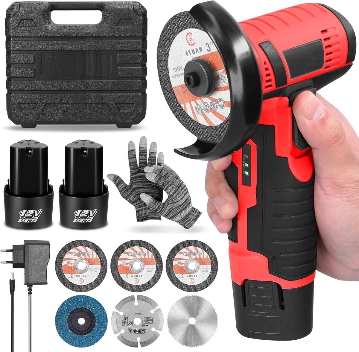 Draadloze Mini Haakse Slijper 12V met 2 x 2000 mAh Batterijen, 19500 RPM, 76 mm voor Schuren, Snijden en Polijsten met 7 Slijpschijven