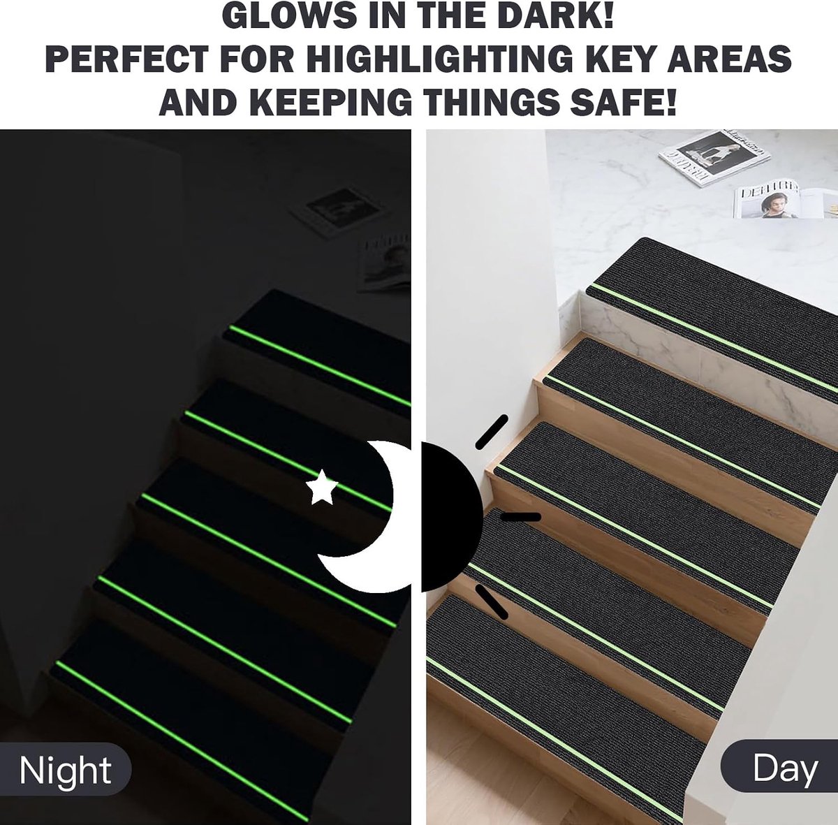 Trapmatten met Glow in Dark strepen, trapmatten, 76 x 20 cm, zelfklevend voor houten trappen, 100% polyester, TPE-achterkant, traptapijt voor ouderen en huisdieren (zwart)