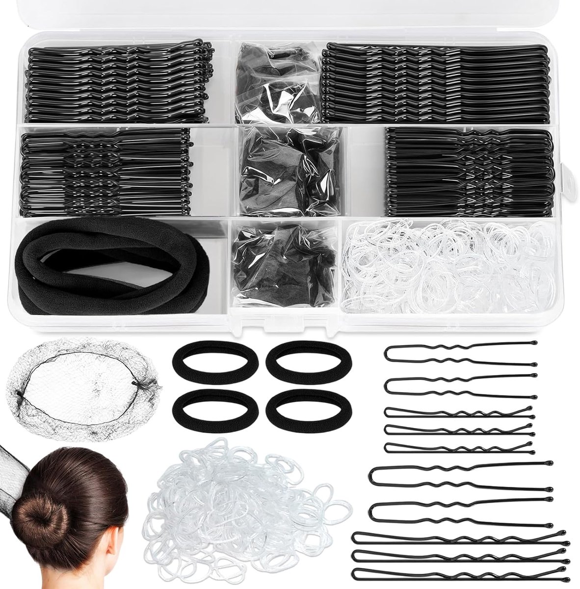 Haarspelden, 385 haarspeldenset, met doos, U-clips, bobby pins, transparante haarbanden, voor dames, meisjes, kinderen (zwart)