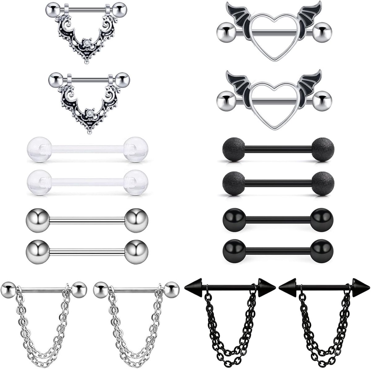 8 stuks tepelpiercing van roestvrij staal, oorpiercing van staal voor dames (zwart)