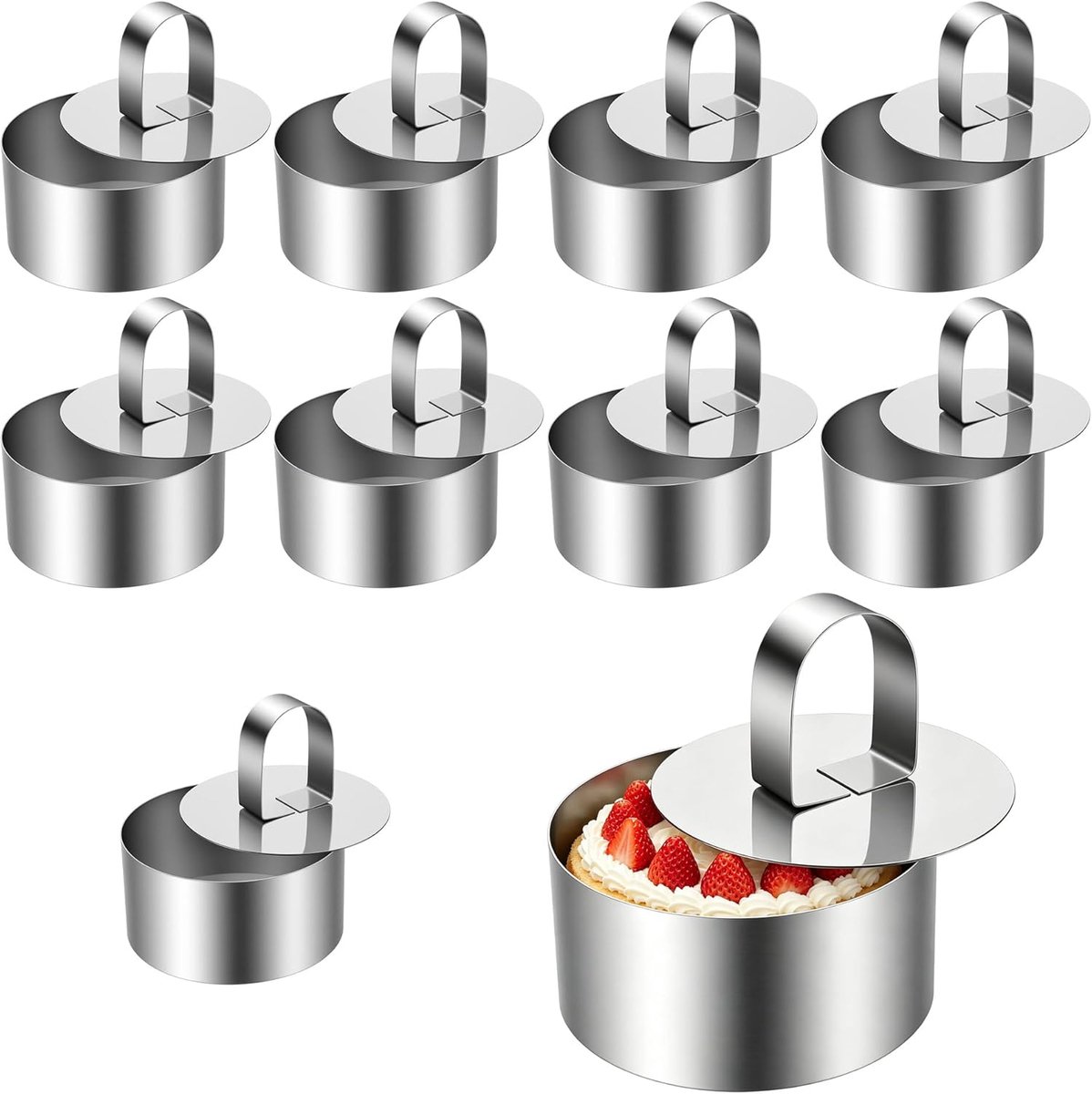 Set van 10 dessertringen en eetringen, diameter 8 cm, ronde roestvrijstalen eetringen met deksels, kleine serveerringen, mousse mini-taartring, voor mousse, cake, gebak en desserts