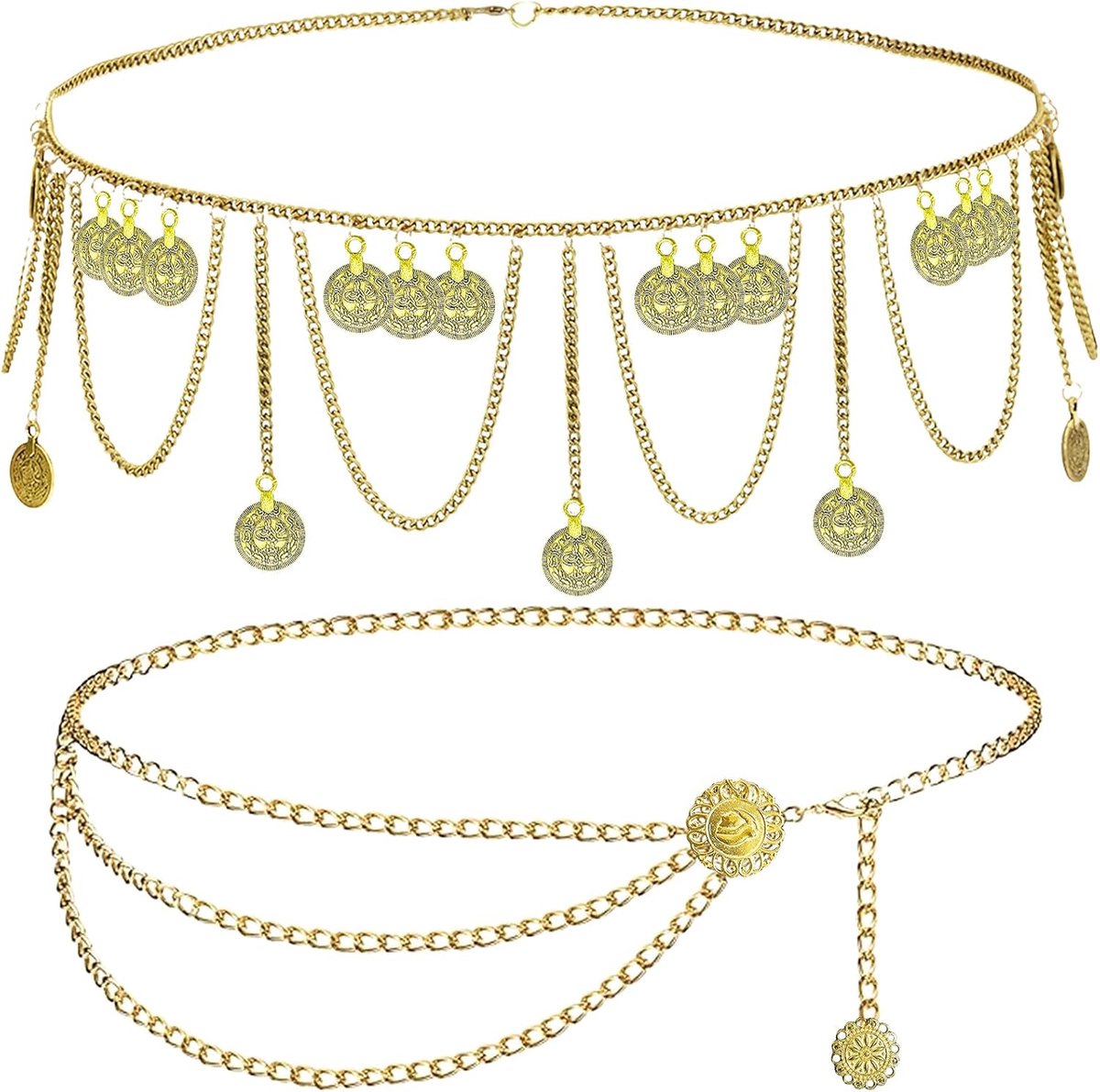 2 stuks taillekettingen voor dames, retro buikkettingen met gouden