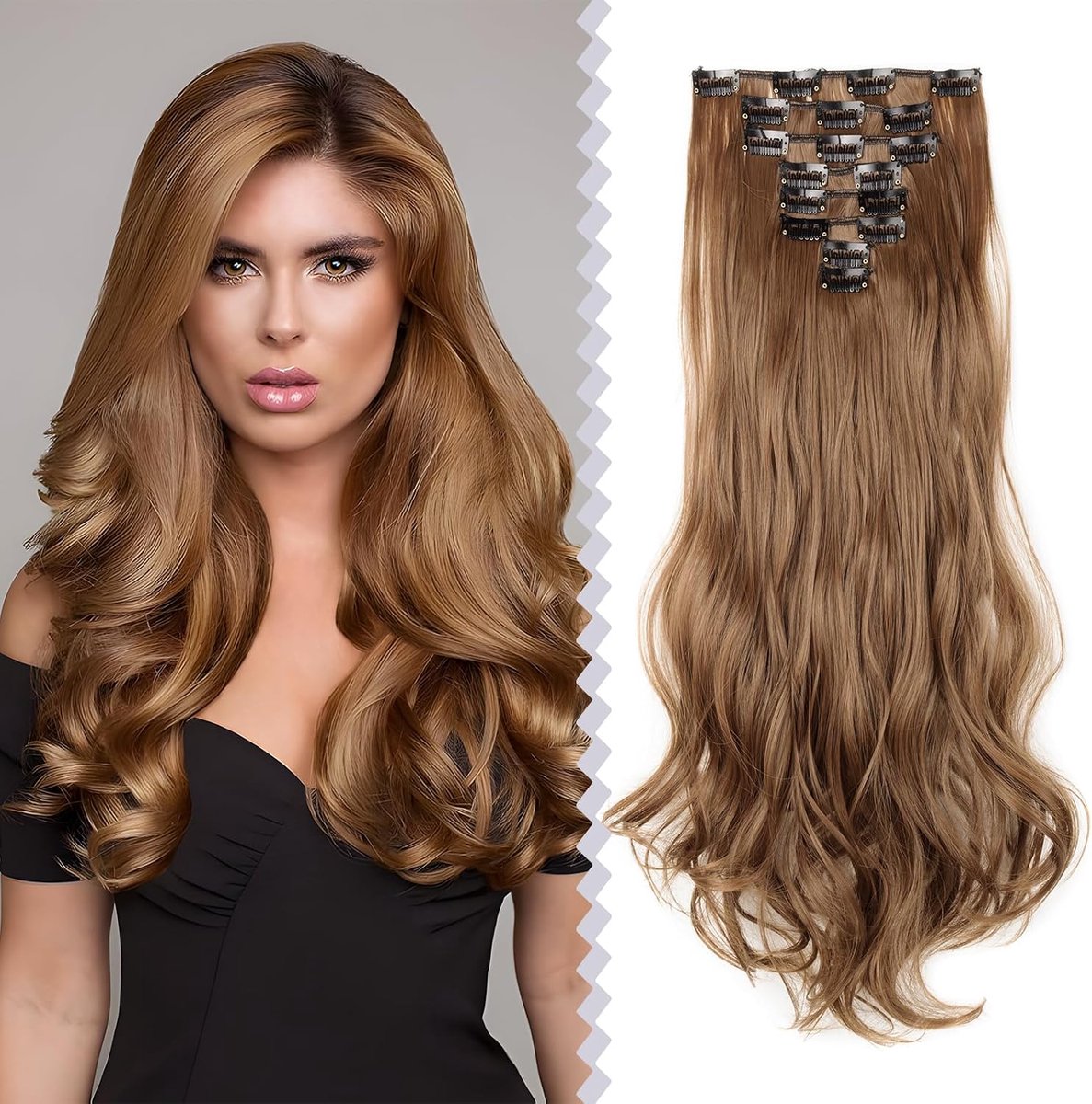Clip-in extensions, goudbruin, haarverlenging, haarstukje, golvend, voordelig, 8 strengen, haarextensies, clip, 43 cm, 140 g, voor een vol hoofd