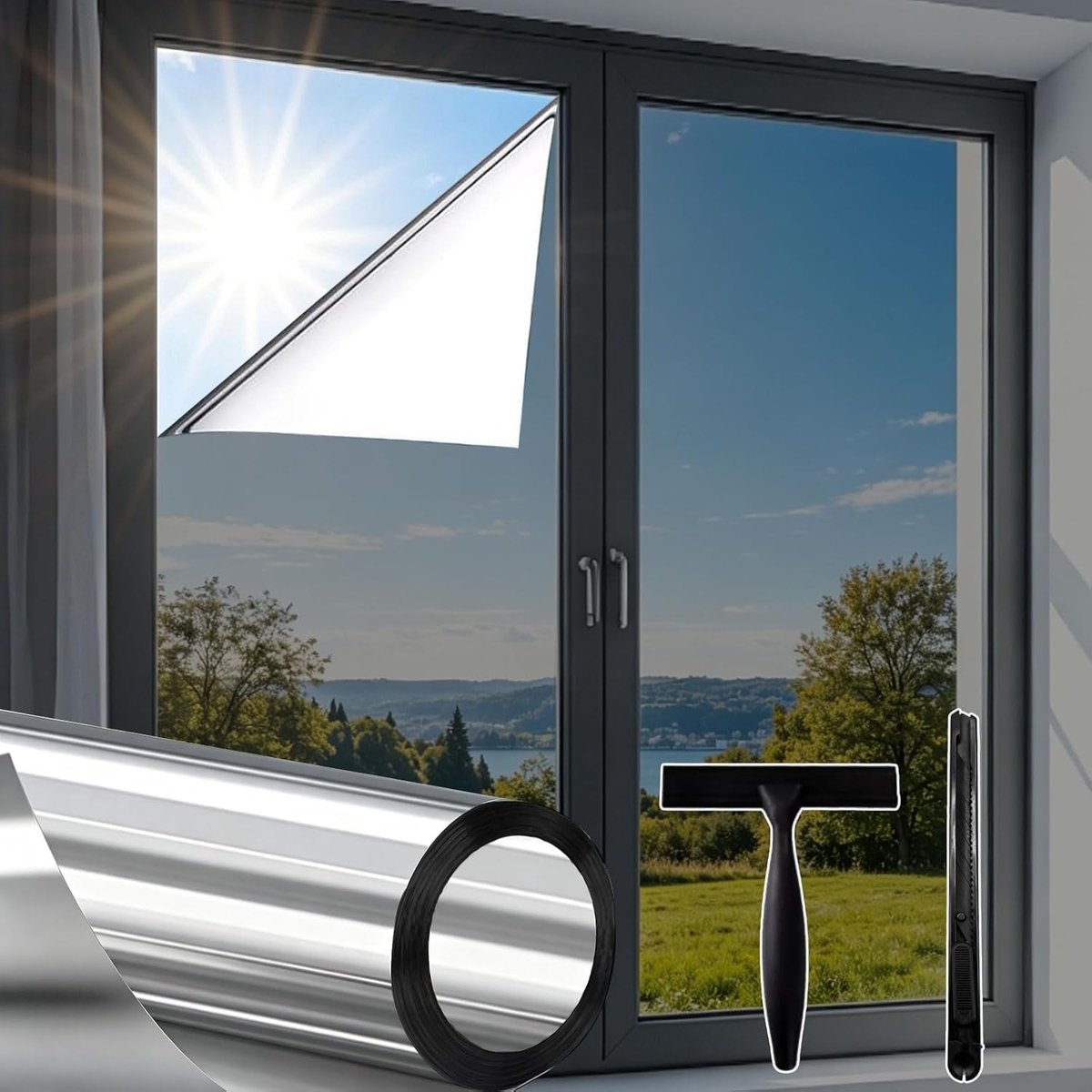 SnelShoppen - Spiegelfolie Privacy Screen Raamfolie Zonwering UV Bescherming Raam Warmte Bescherming Opaque Ideaal voor Woonkamer en Kantoor Zilver (6