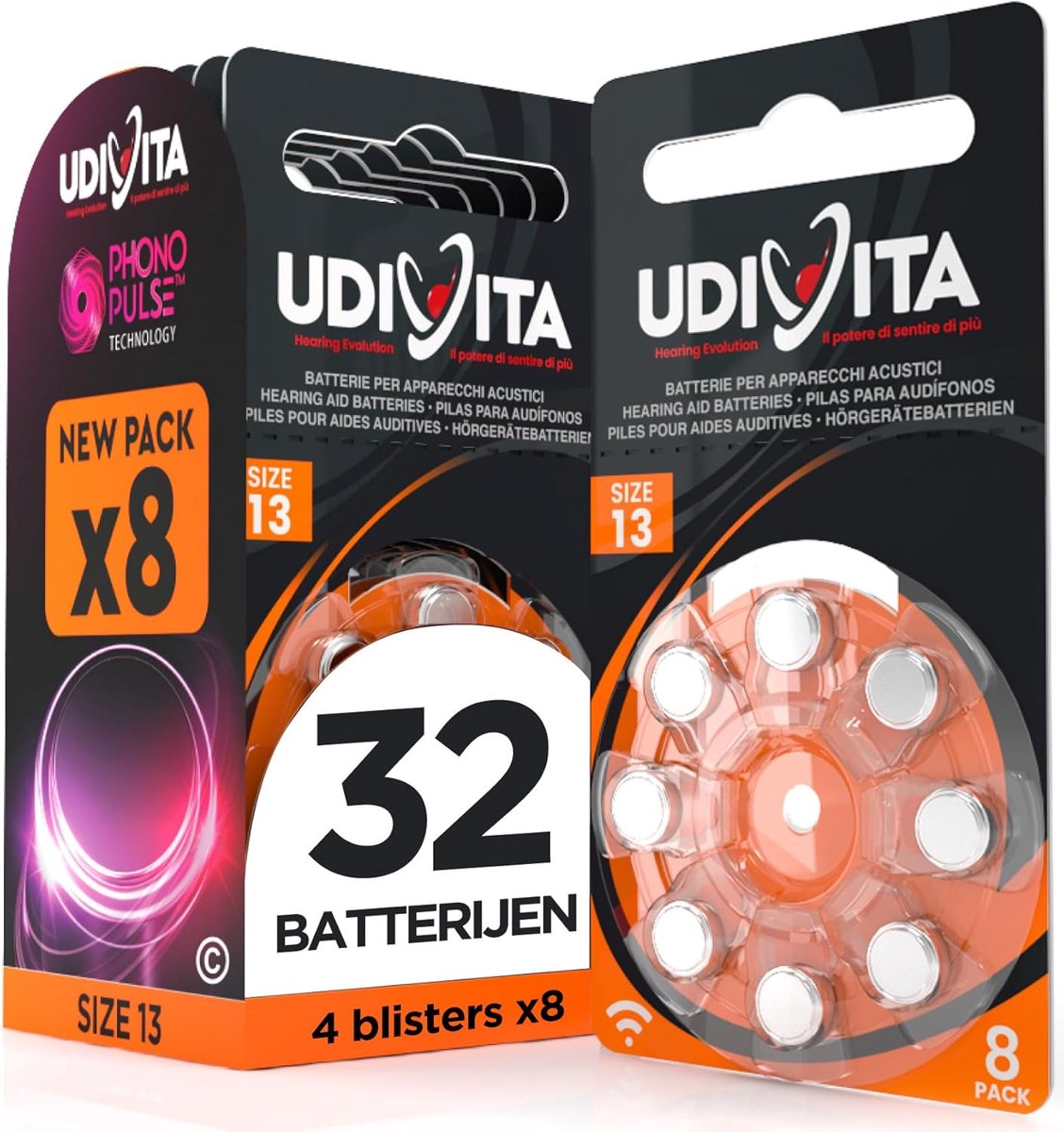 SnelShoppen - 32 Udivita gehoorapparaatbatterijen maat 13 PR48 (oranje - zink lucht) met Sound Fusion technologie - 4 blisters van 8 batterijen