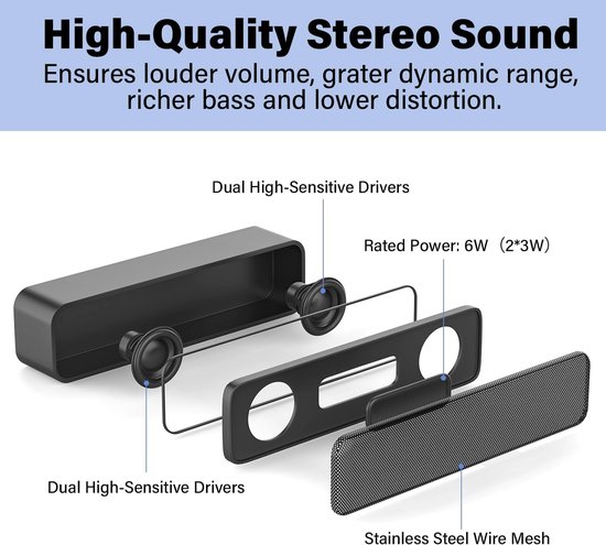 SnelShoppen - SoundBar Mini USB Speaker - Plug and Play Computer Speaker voor Laptop, PC, Notebook, Tablet - Blauwe Grijze Kleur - Ideaal voor Thuis, — afbeelding 4