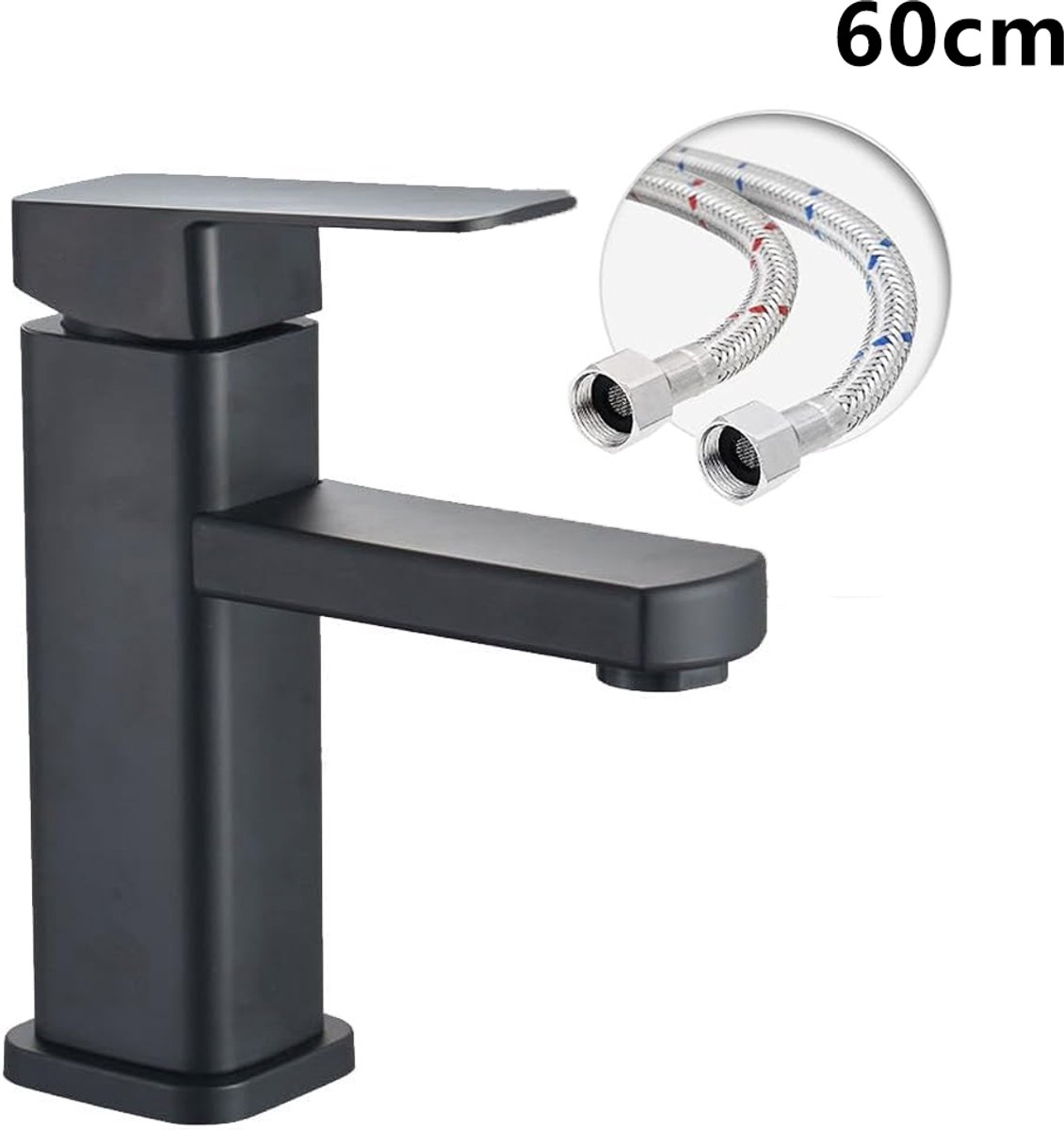 KZQ Wastafelmengkraan - Zwart Geborsteld - Vierkant Ontwerp - Eengreeps - Warm En Koud - Incl 60cm Slangen En 3/8 Slangen - Rvs - Laag Model
