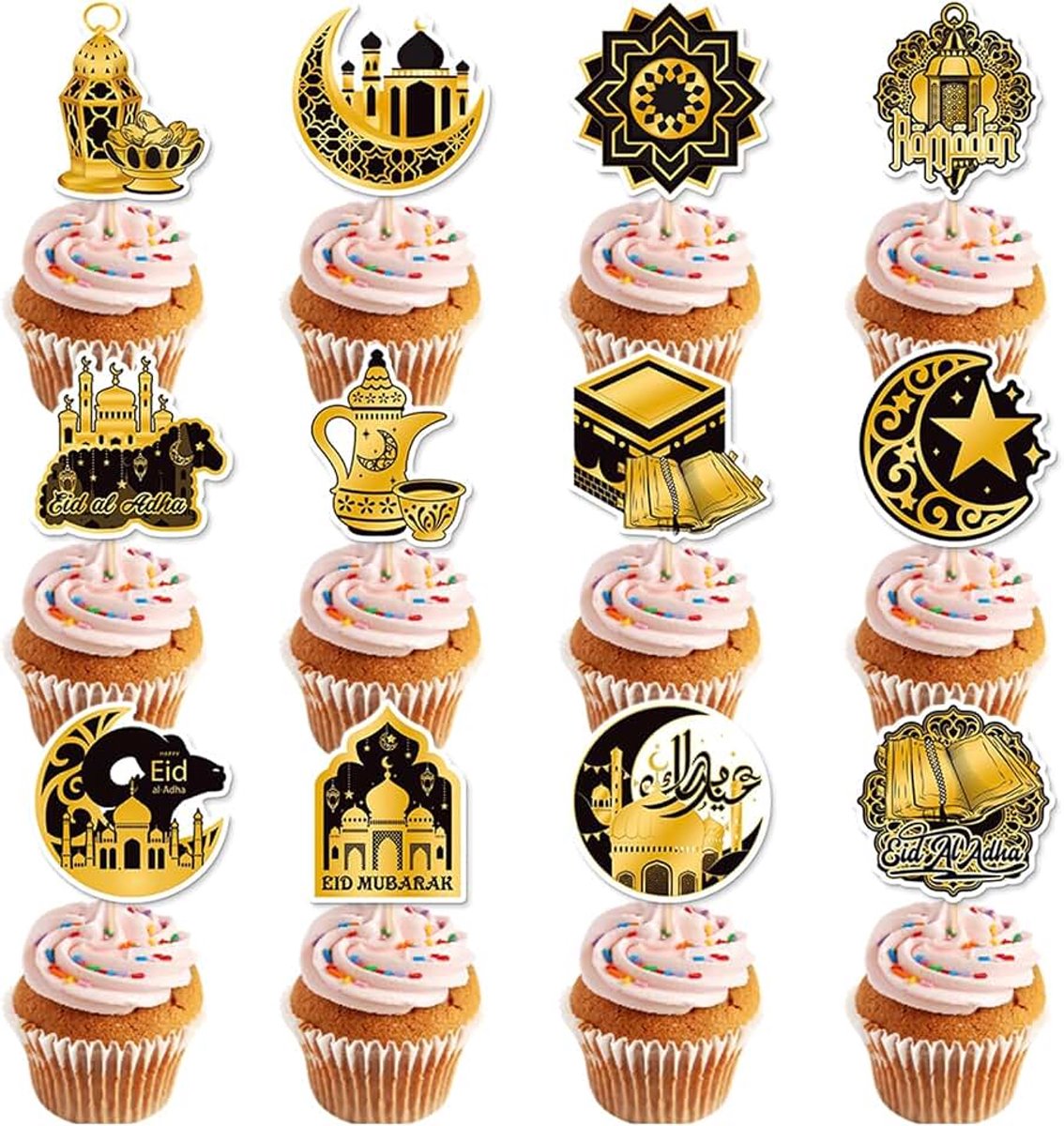 24 Stuks Eid Mubarak Cupcake Topper, Maan & Ster Ramadan Kareem Cupcake Topper Voor Islamitische Moslim Eid-Vieringen & Taarten