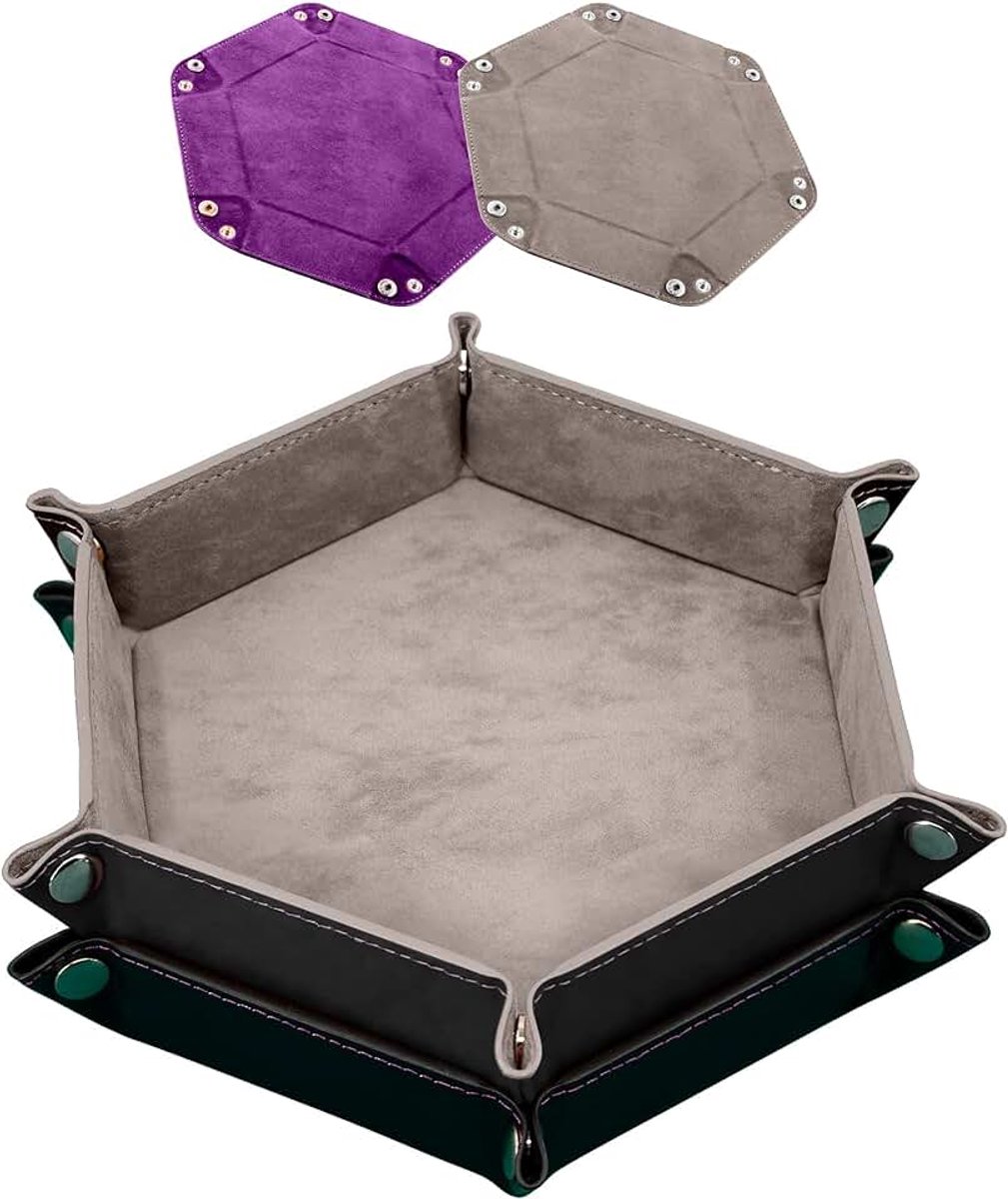2 stuks dobbelstenen lade PU lederen dobbelstenen laden vouwbare zeshoekige dobbelstenen houder lade voor dobbelstenen spellen zoals RPG, DND en andere tafelspellen (grijs en violet)
