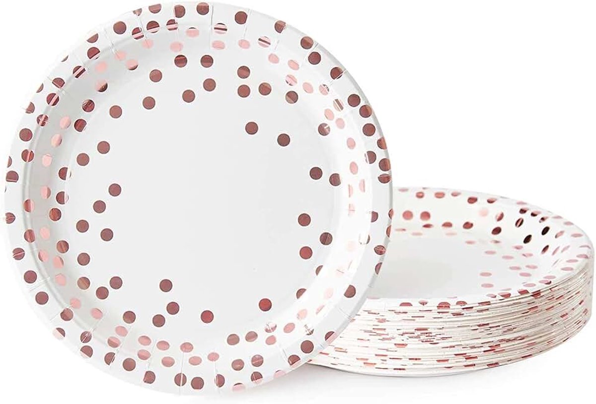 Polka Rose Gold Dot Verjaardagsdecoraties Papieren Platen, Wegwerp Papieren Feestborden Servies voor Meisjes Vrouwen Verjaardagsfeest, Bruiloft, Picknicks, Verjaardag Decoraties, Pack van 48