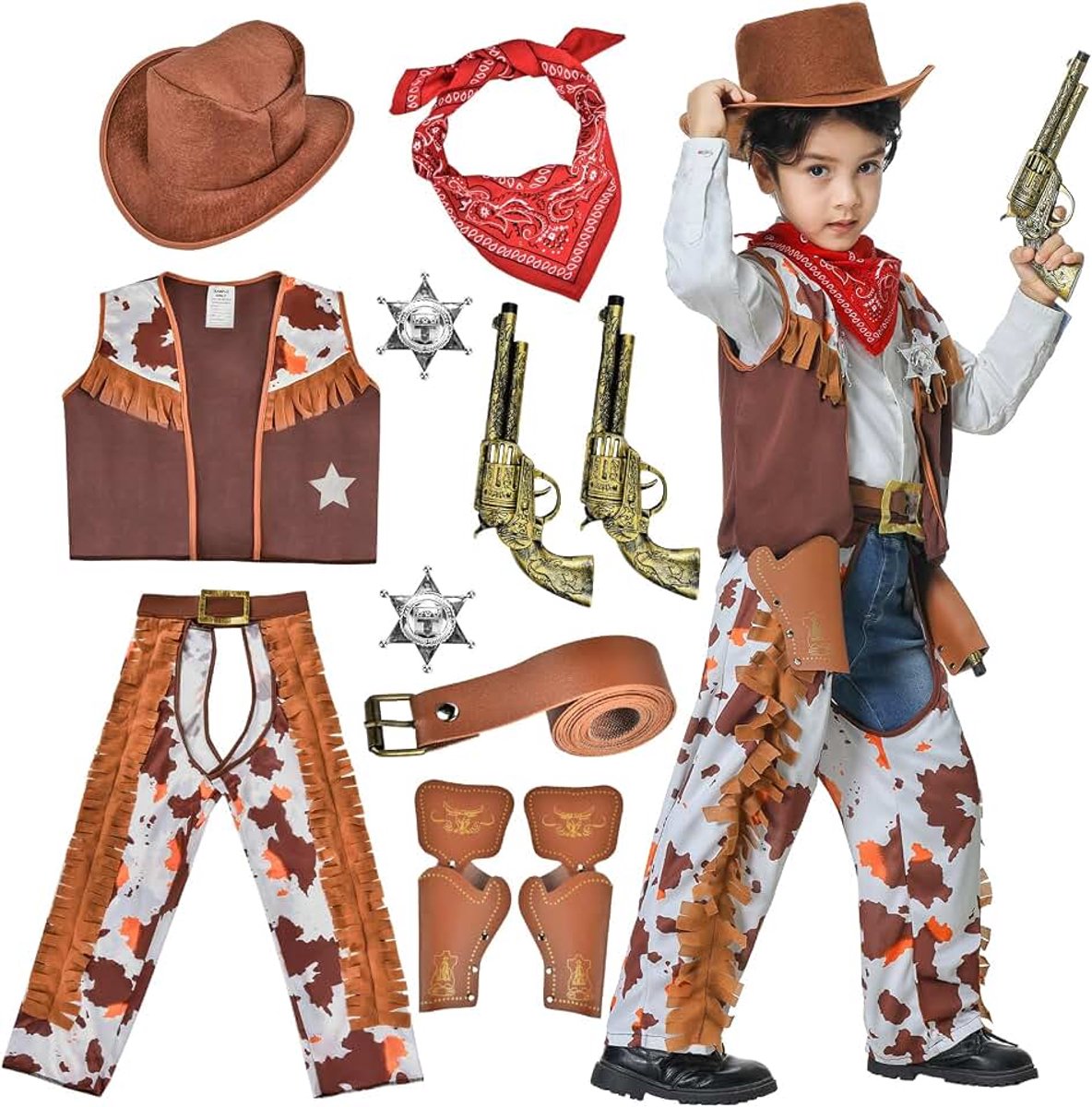 Cowboykostuum voor kinderen, 11 stuks, western cowboyset, cowboykostuum voor kinderen, met cowboyhoed, cowboyvest, cowboy-halsdoek, riem voor carnaval, cosplay, party, podiumshows