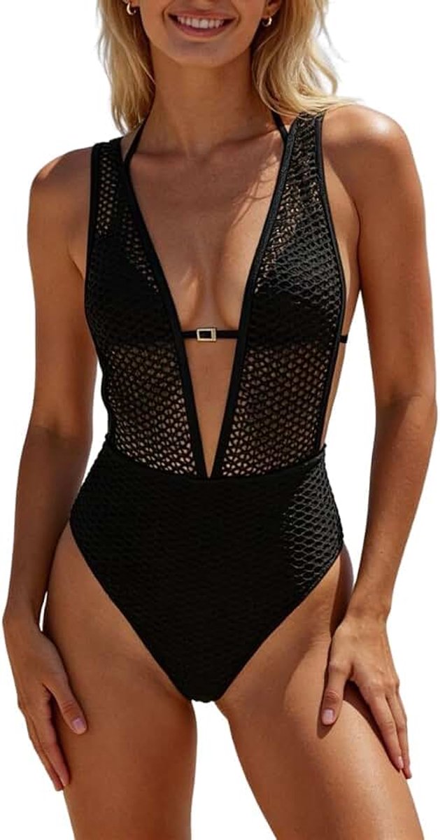 Dames bikini set sexy mesh V-hals tweedelig badpak halterhals hoge taille buikweg badmode met rugbinding elegante strandmode zwempak, S-XL