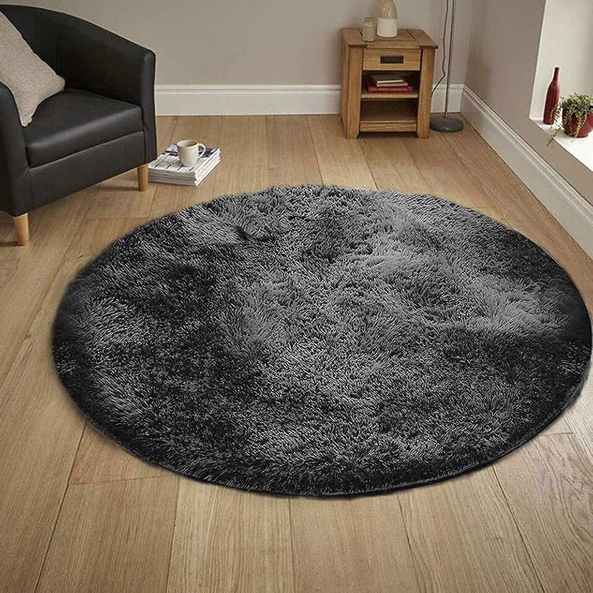 Zachte en pluizige pluche zwarte ronde antislip tapijten zijn gemakkelijk schoon te maken en geschikt voor woonkamer- en slaapkamerinrichting,180CM