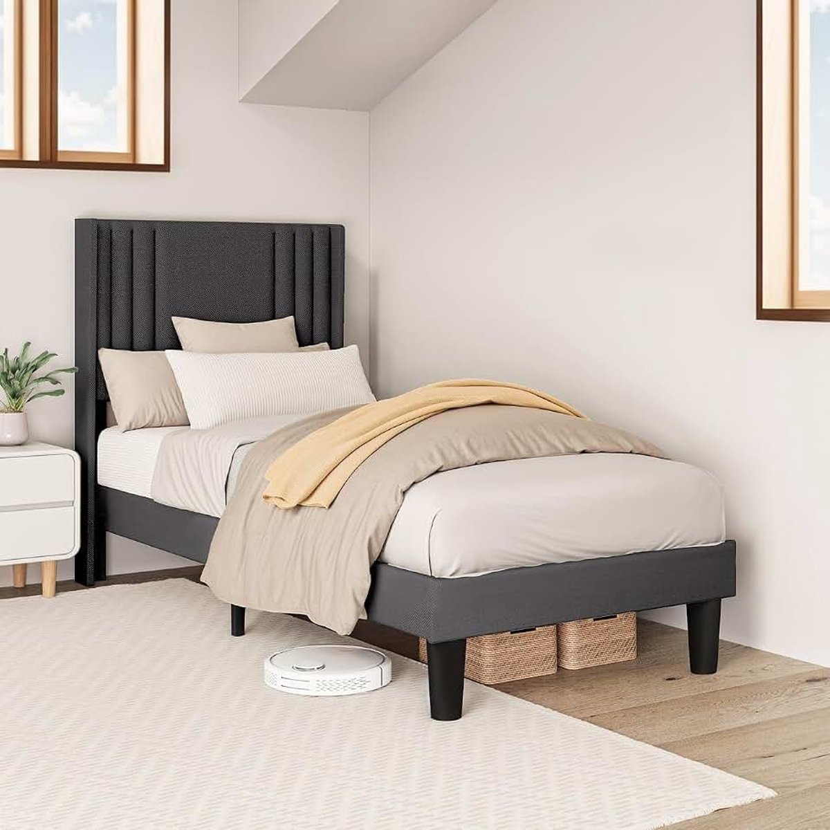 90x200 cm Gestoffeerd Tweepersoonsbed met Metalen Frame, Houten Lattenbodem, Veel Opbergruimte - Stevige Constructie, Eenvoudig Te Monteren, Comfortabel & Duurzaam