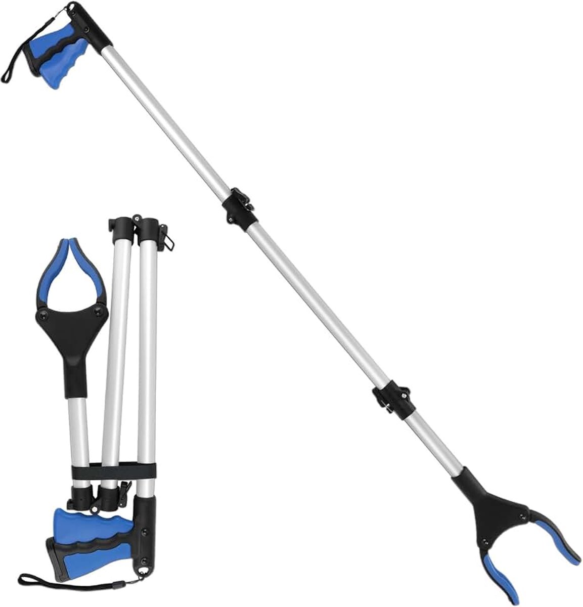 Inklapbare telescooptang, afvalverzamelaar, grijpgereedschap met telescoopstang van aluminium, voor senioren, volwassenen en gehandicapten, brede handgreep, 360 graden draaibaar (blauw)