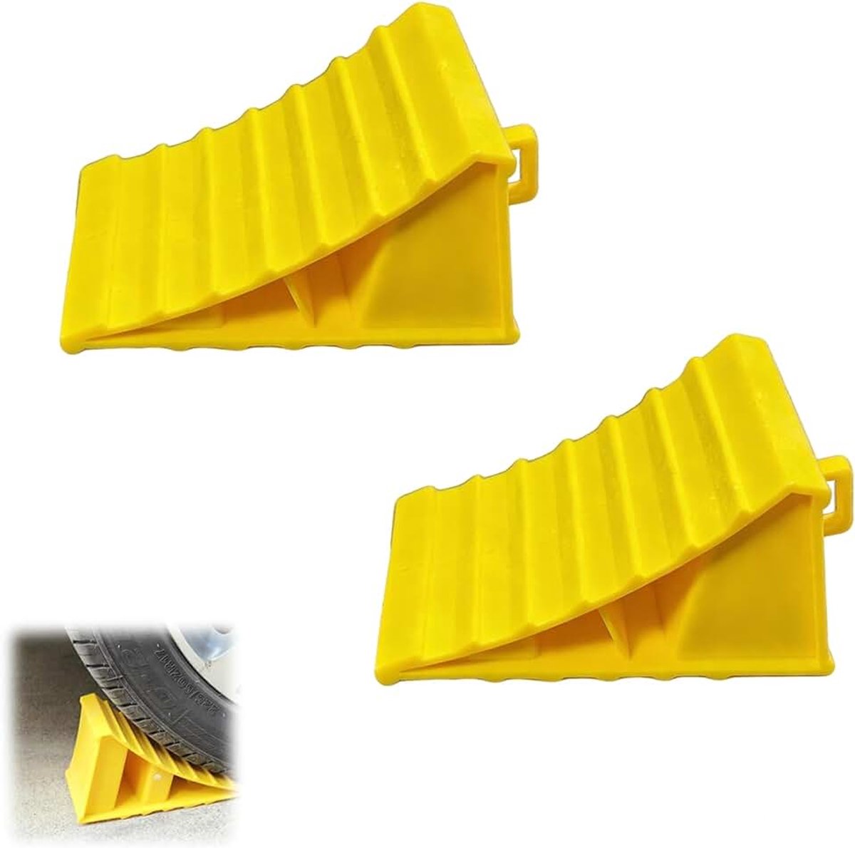 2 Stuks Onderlegwig Van Kunststof, Draagbare Wielstop, Plastic Wielwig Met Handvatten, 16 × 10 × 10 cm, voor Caravan, Camper, Auto, Motorfiets, Paardenbox Etc (Geel)
