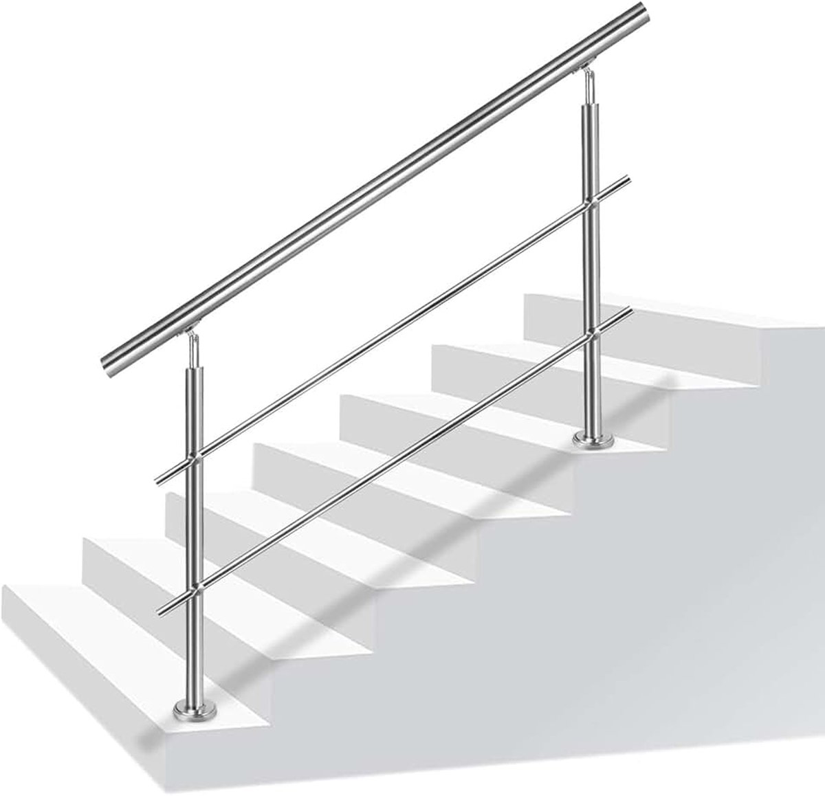 Trapleuning roestvrijstalen leuning, reling voor trappen, binnen en buiten, balkon, balustrade, zilver, lengte: 80 cm, met 2 dwarsbalken