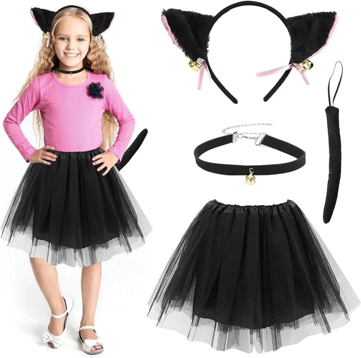 Kattenkostuum voor meisjes, kinderen, 4-delig, kattenkostuum, kattenkostuum, cosplay, set met zwarte tutu, met kattenoren, meisjes, kittenkostuum, feestdecoratie, accessoires