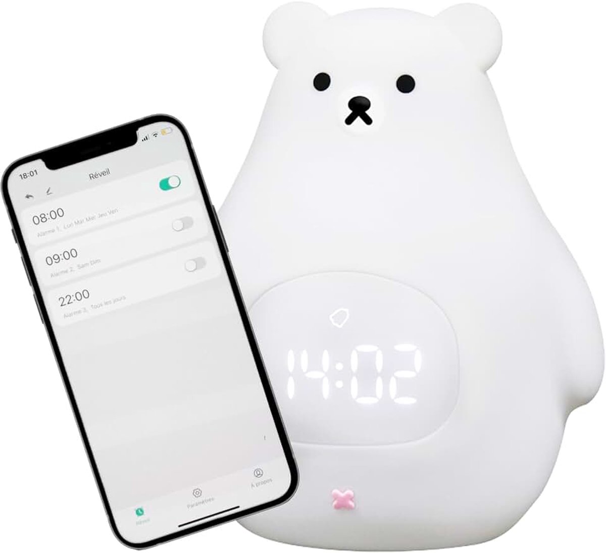 Dag/nacht met led-nachtlampje, bediening via iOS/Android-app, educatieve en lichtgevende wekker, oplaadbaar, slaaptraining, meisjes en jongens
