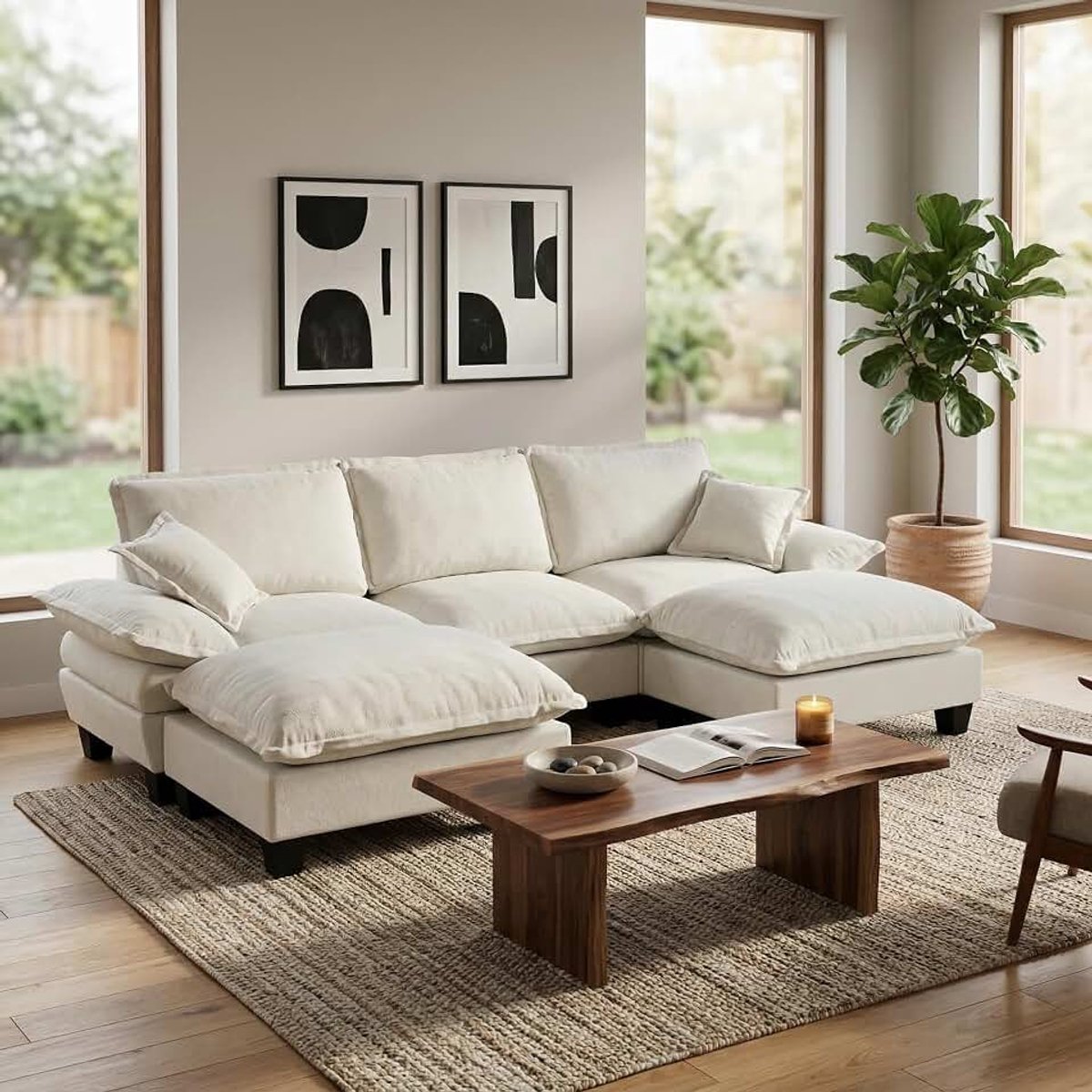 Hoekbank beige U-vorm Cloud Couch met beweegbare ottomane, chenille-overtrek en 2 kussens, moderne woonkamerbank 3-zits+2 (beige, 3-zits+2)