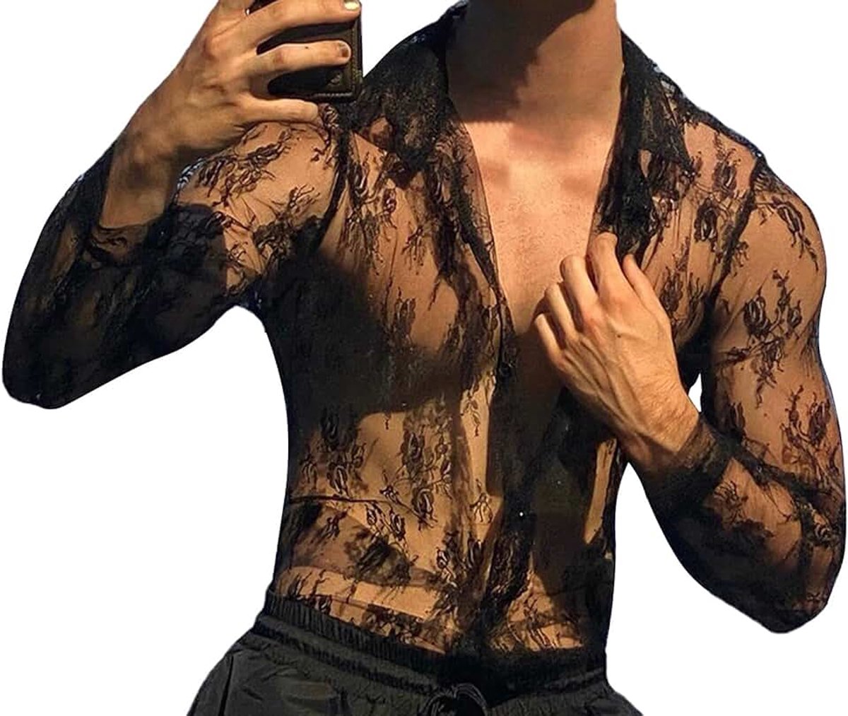 Nethemd voor heren, transparant, lange mouwen, top, doorzichtig netshirt, prikkelend