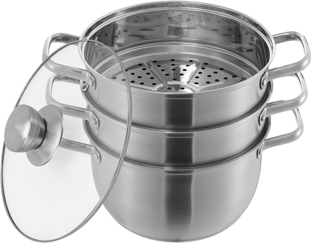 3-laags stoomkoker, roestvrij staal, stoomkoker, pan met stoomschalen, inductie stoompan, stoomrooster voor gasfornuizen, inductiekookplaten, keramische fornuizen