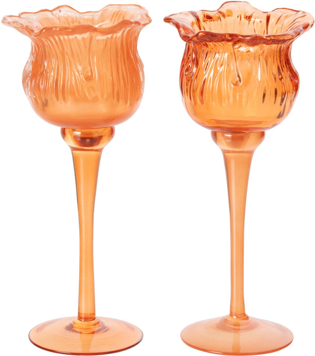 J-Line Tulpvormig windlicht op voet - glas - oranje - small - assortiment van 2
