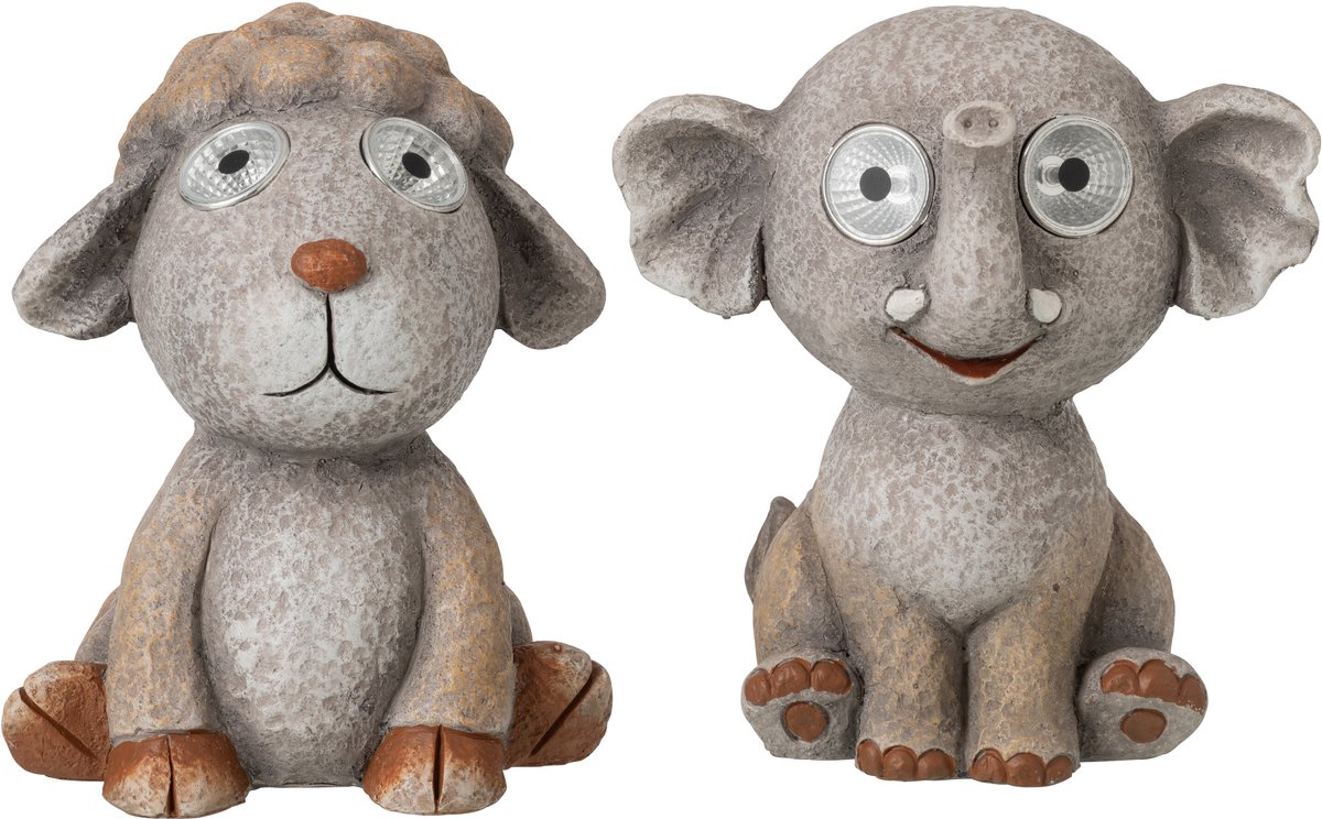 J-Line decoratie Olifant + Schaap Zonne-energie - polyresin - grijs - 2 stuks