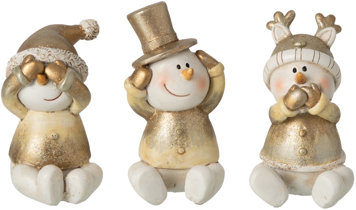 J-Line Sneeuwpop horen, zien en zwijgen - steen - wit/goud - assortiment van 3