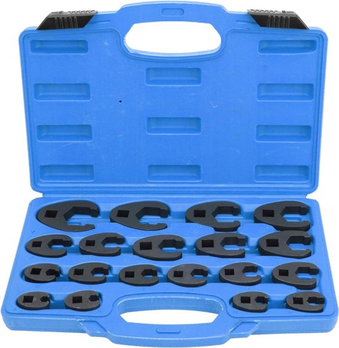 Kippenbeensleutelset, momentsleutel met gereedschapskist - 19-delige set voor open metrische bouten 8-32 mm - van stevig staal.