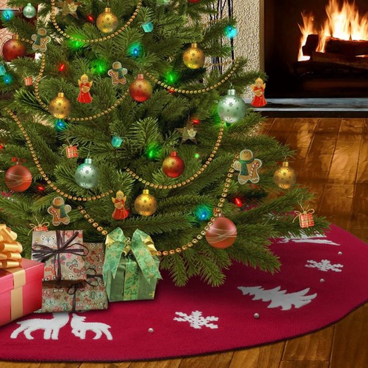Kerstboomrok 48 inch - Gebreid met Kralen - Sneeuwvlok/Eland Borduursel - Driedimensionaal/Wasbaar - Luxe Kwaliteit - Drie Riemen voor Aanpassing - Kersttapijt