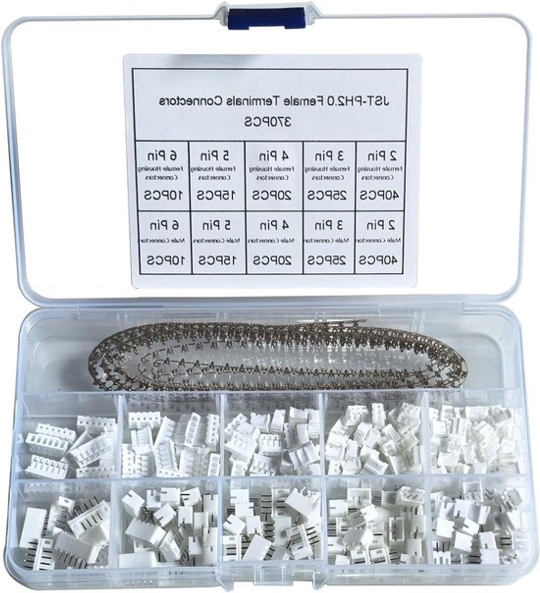 590 stuks 20 mm JST-PH-adapterkit met vrouwelijke pin header - 2/3/4/5/6 pin behuizing - JST adapterkabel - stekkerbus - mannelijk en vrouwelijk