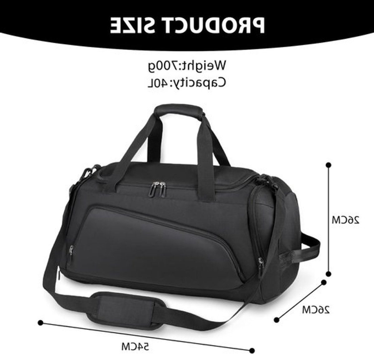 Sporttas met schoenencompartiment en natvak, zwart, 56x26x26 cm, multifunctioneel en ruim