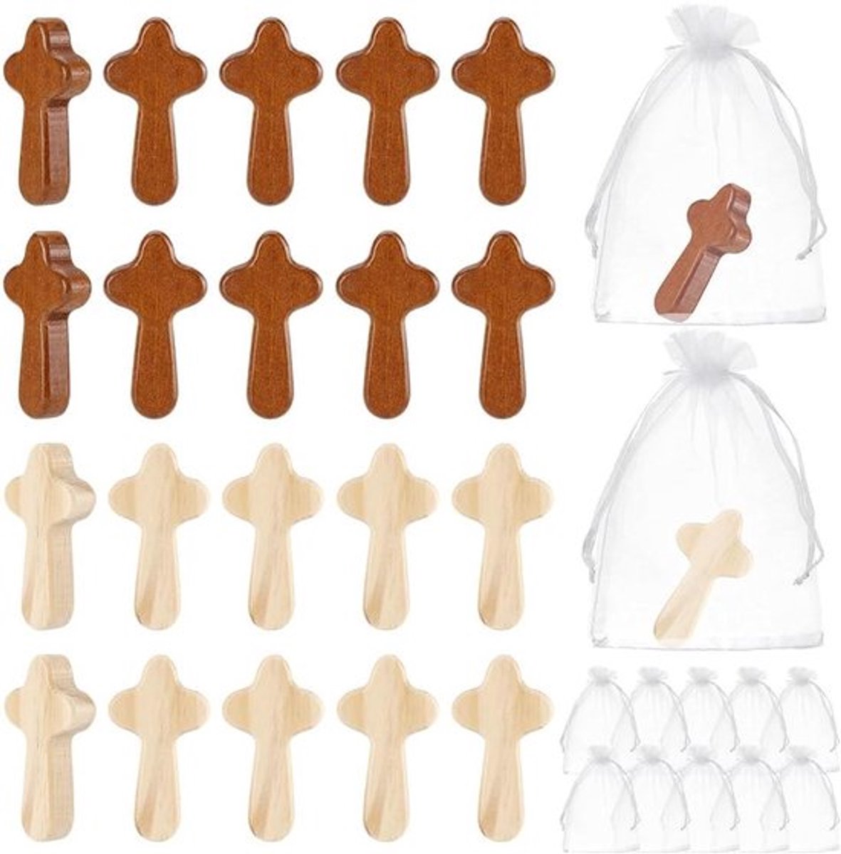 Houten handkruissets - massief houten kruisjes (2,4 inch) met organza zakje - Pasen, bruiloften, feestdecoratie