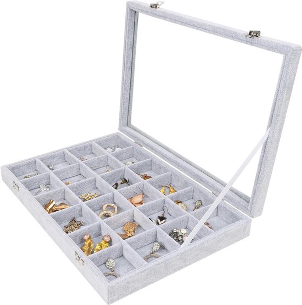 - Sieraden Organiser Display Doos Tray - Velours - 24 Secties - Glazen Deksel - Stapelbare Tray Voor Lades - Aanpasbare Opslag Raster Ringen, Ketting, Armbanden, Oorbellen, Horloges - Grijs - Geschikt voor Opbergen Sieraden - Stapelbaar Model