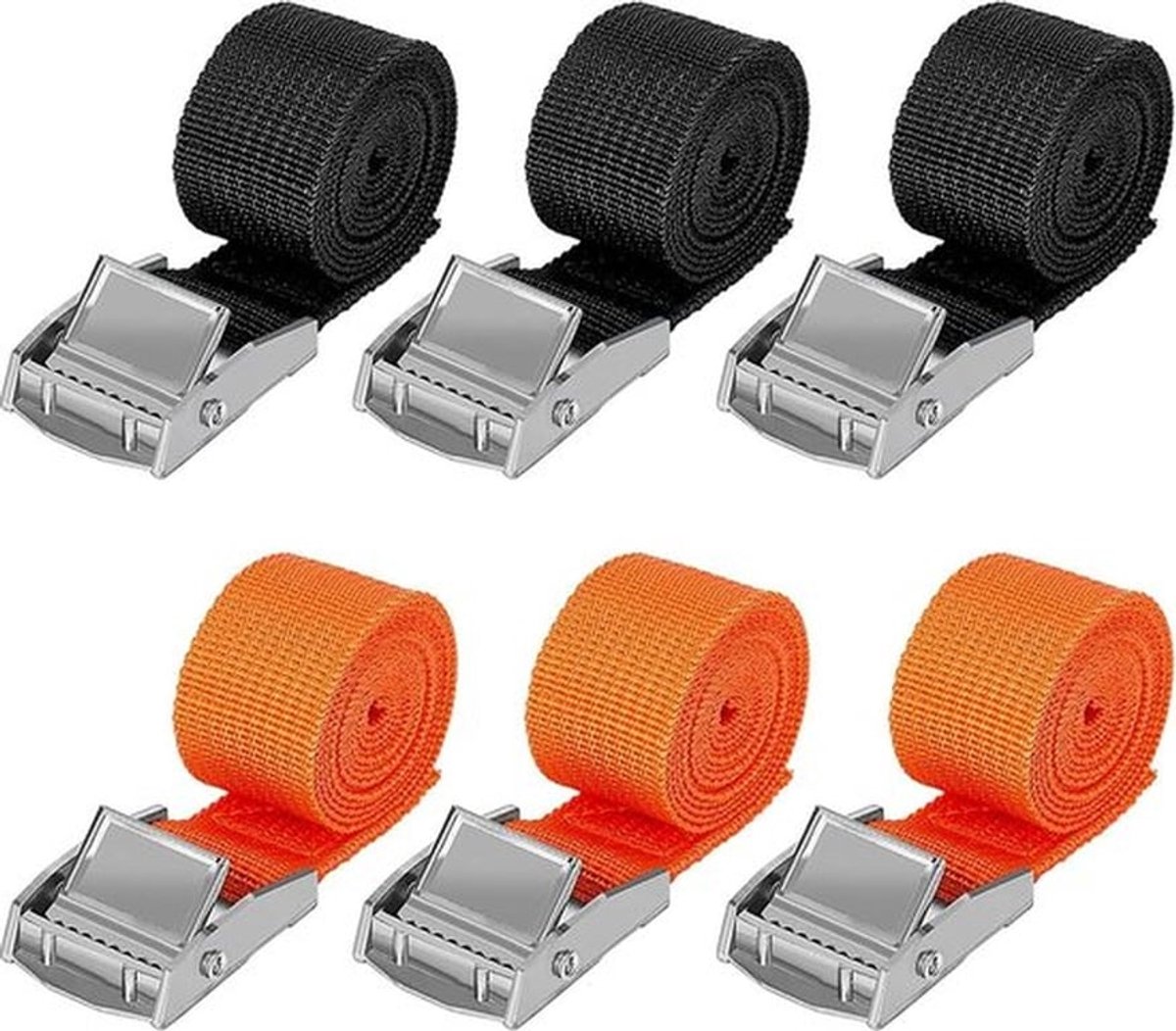 Bevestigingsriem 1 m x 25 cm - Spanbanden 6 Stuks - Kklemsluiting - Zwart-Oranje - Voor Motorfiets Fietsendrager - Koffer Bagagepakket - Camping - Tot 250 kg Spanbanden met ratel