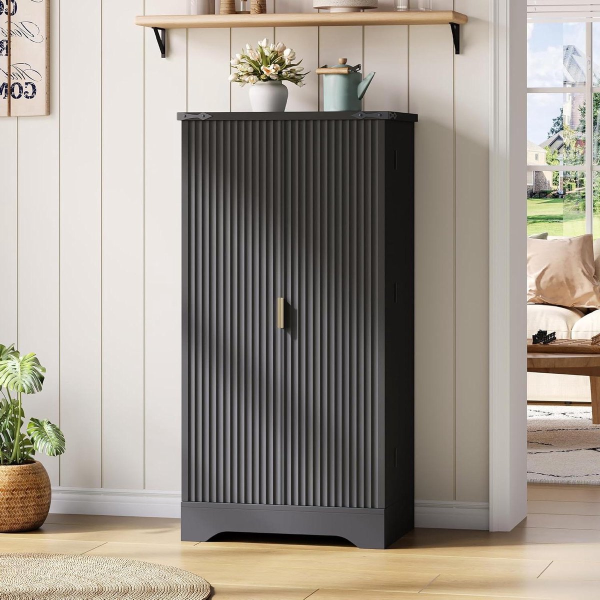 Keukenkast - Hoge kast - Keuken opbergen - Met led-sensorlicht - 120 cm hoog - Zwart