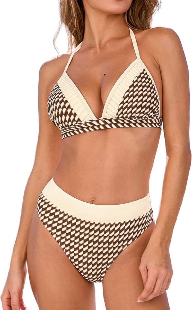 Vrouwen Bikini Set V-hals Kleurblok Tweedelige Badpak Halter Strap Terug Haak Badpak Volledige Dekking Retro