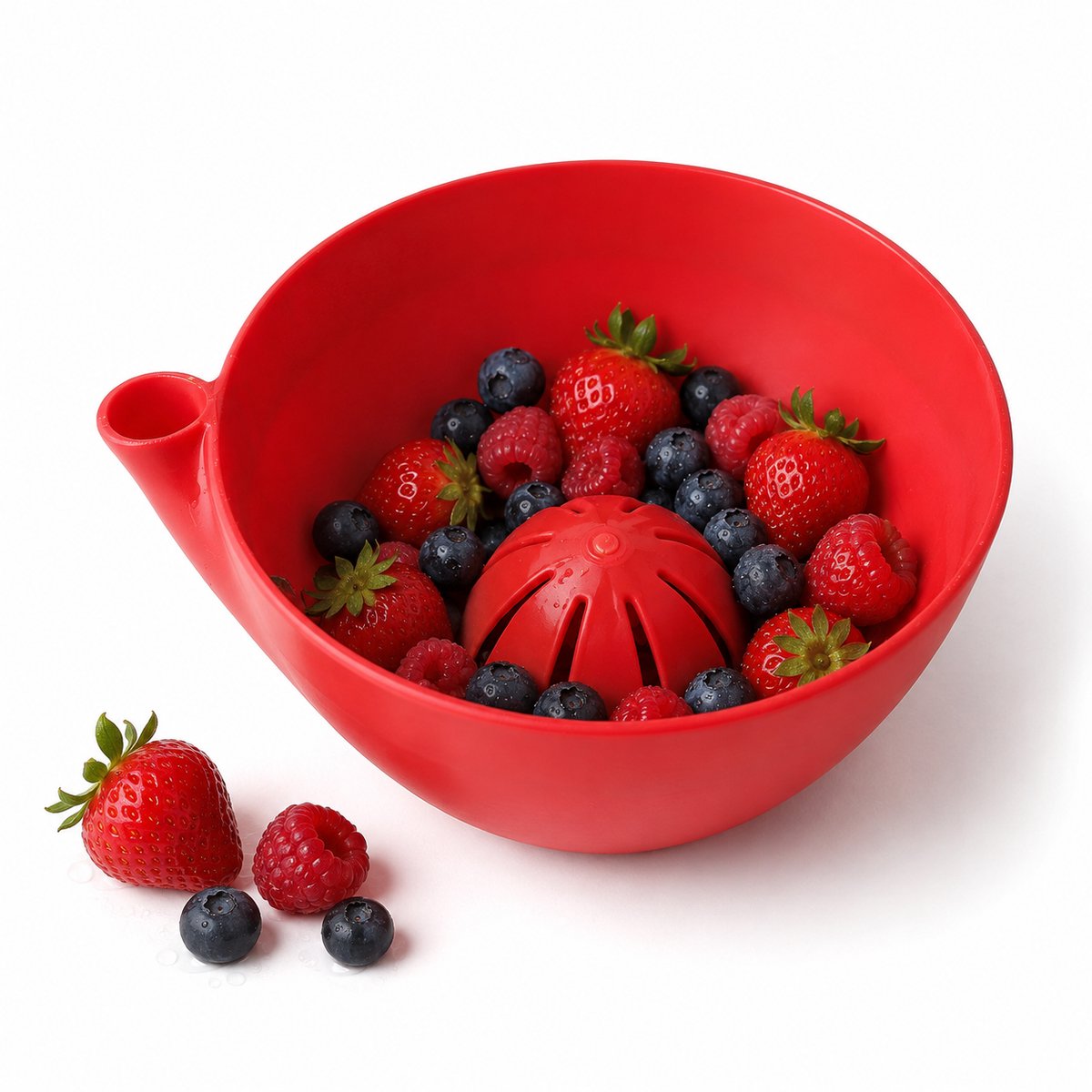 Zelfdraaiende Bessenwasbak - 17x15x8cm - BPA-vrij Kunststof Fruitwaskom met Vortex Design - Automatische Groentezeef en Stijlvolle Fruitschaal - 2-in-1 Spoelkom voor Bessen, Groenten en Salade-Rood