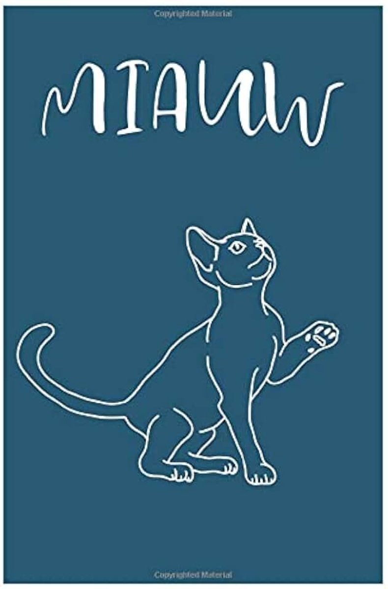 Blauw notitieboek met poes en tekst 'Miauw'. Gelinieerd, 120 pagina's, 15.24 x 22.86 cm (ongeveer A5), zachte kaft